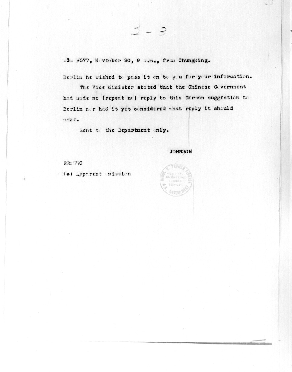 Telegram from Ambassador Nelson T. Johnson to Secretary of State Cordell Hull