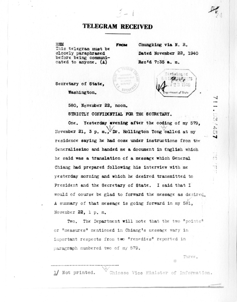 Telegram from Ambassador Nelson T. Johnson to Secretary of State Cordell Hull