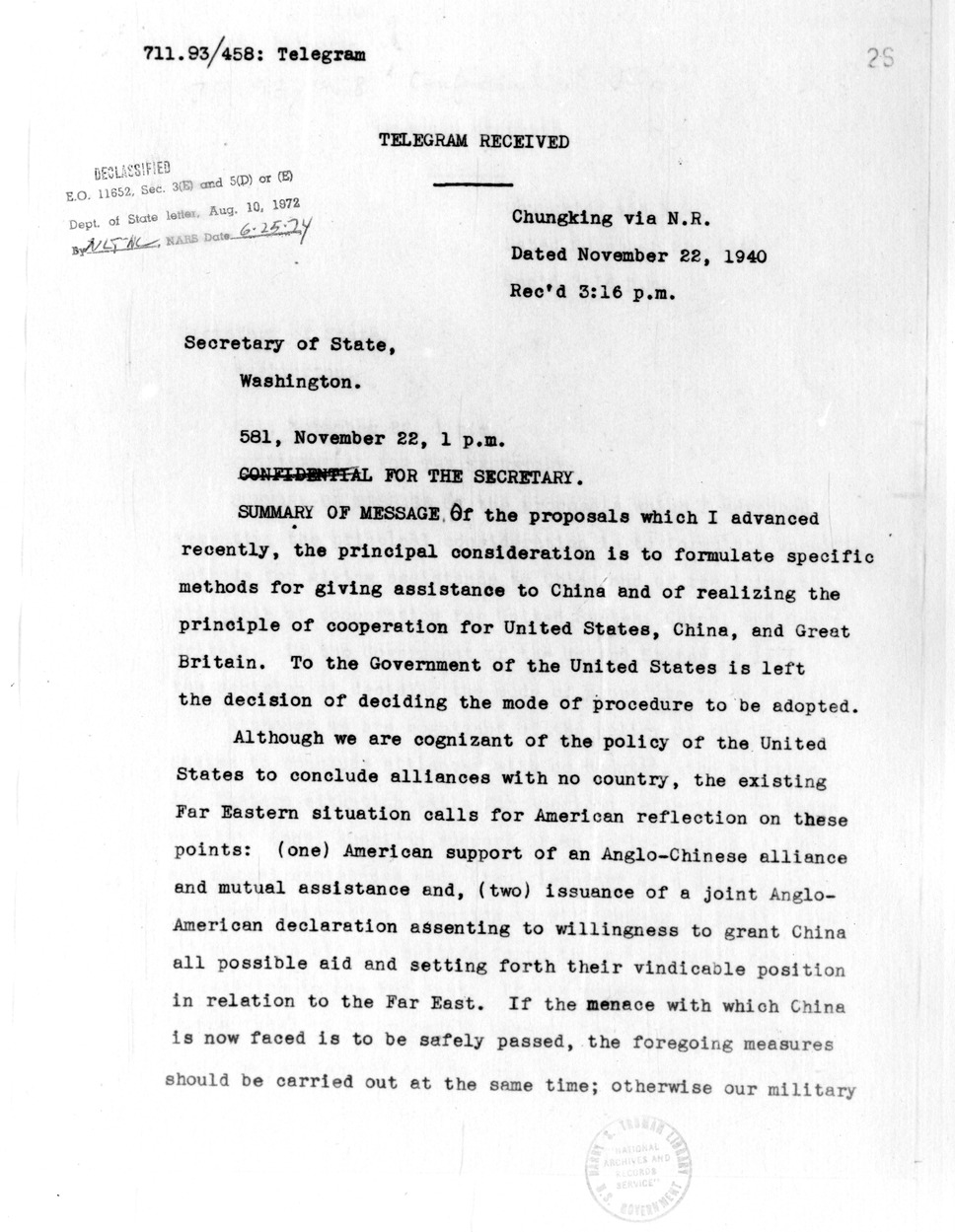 Telegram from Ambassador Nelson T. Johnson to Secretary of State Cordell Hull