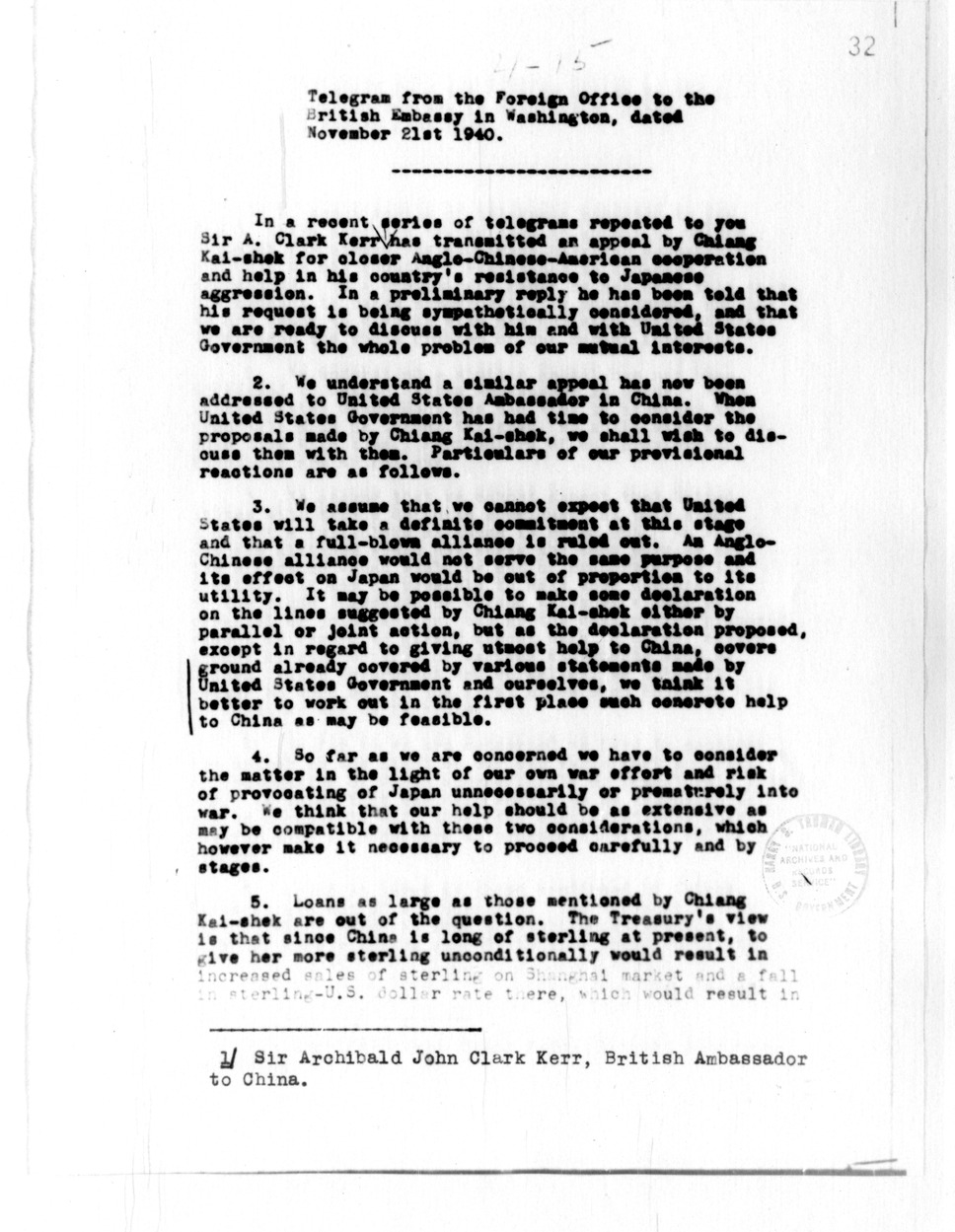 Memorandum from Lothian to S. K. Hornbeck, with Attached Telegram from the Foreign Office