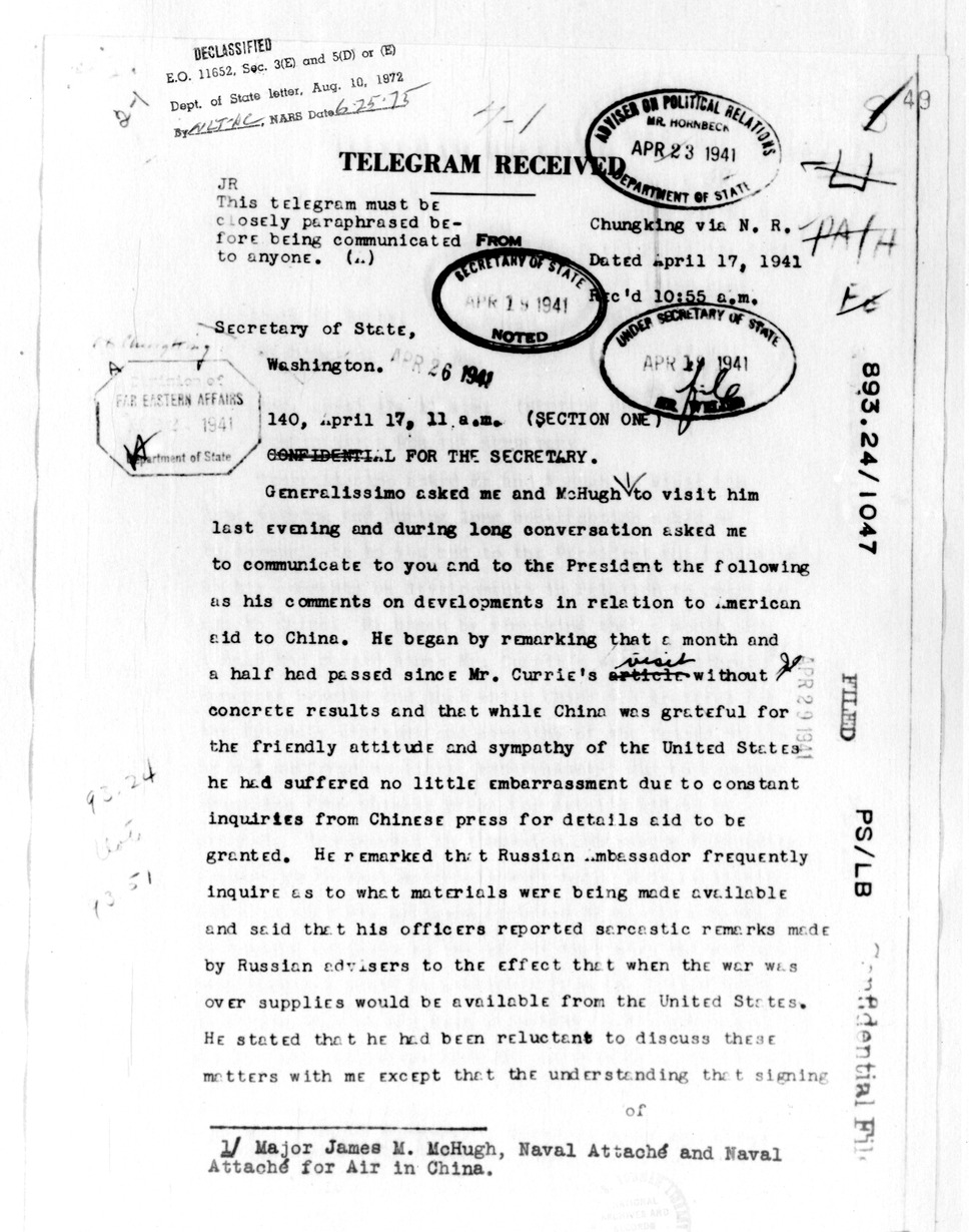 Telegram from Ambassador Nelson T. Johnson to Secretary of State Cordell Hull