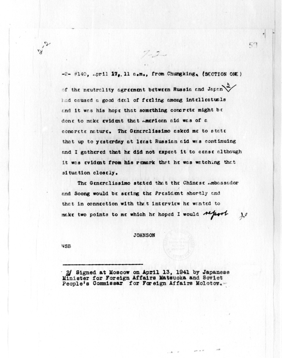 Telegram from Ambassador Nelson T. Johnson to Secretary of State Cordell Hull