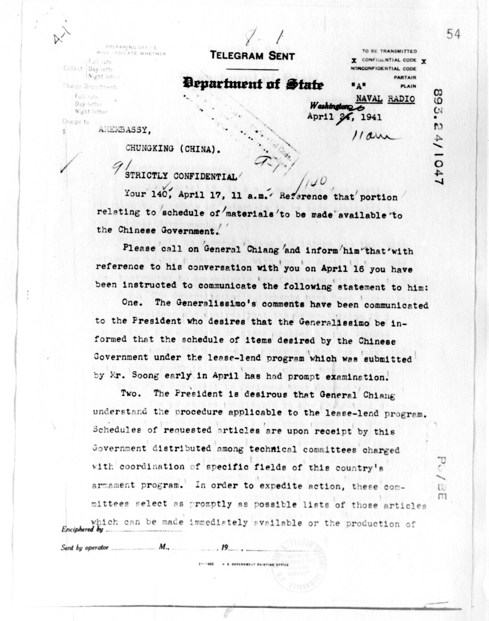 Department of State Telegram from Secretary of State Cordell Hull to American Embassy, Chungking
