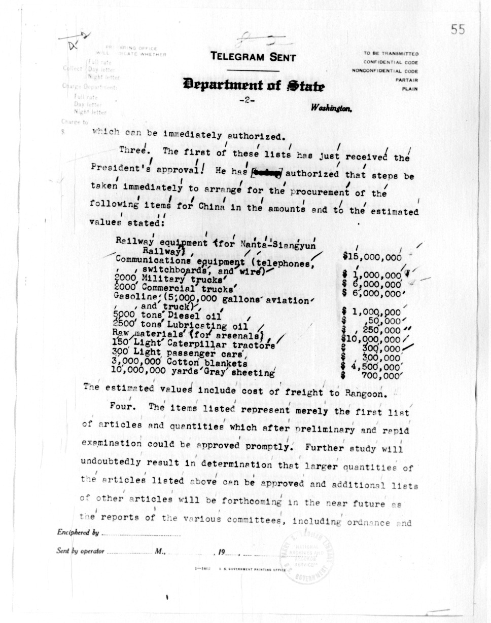 Department of State Telegram from Secretary of State Cordell Hull to American Embassy, Chungking