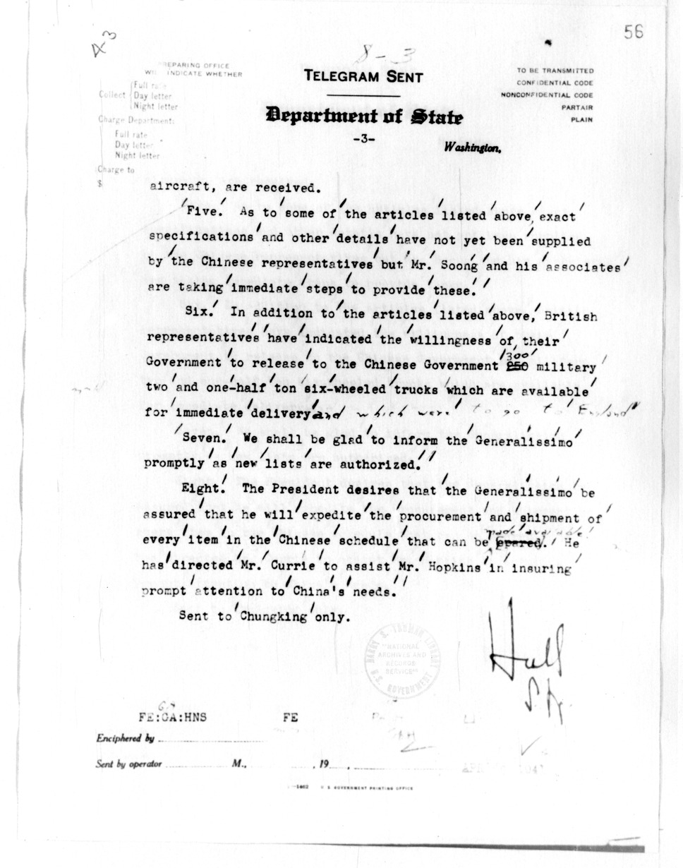 Department of State Telegram from Secretary of State Cordell Hull to American Embassy, Chungking