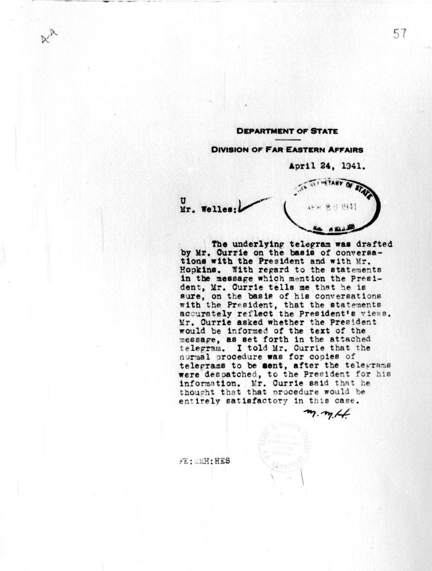 Memorandum from MMH to Sumner Welles