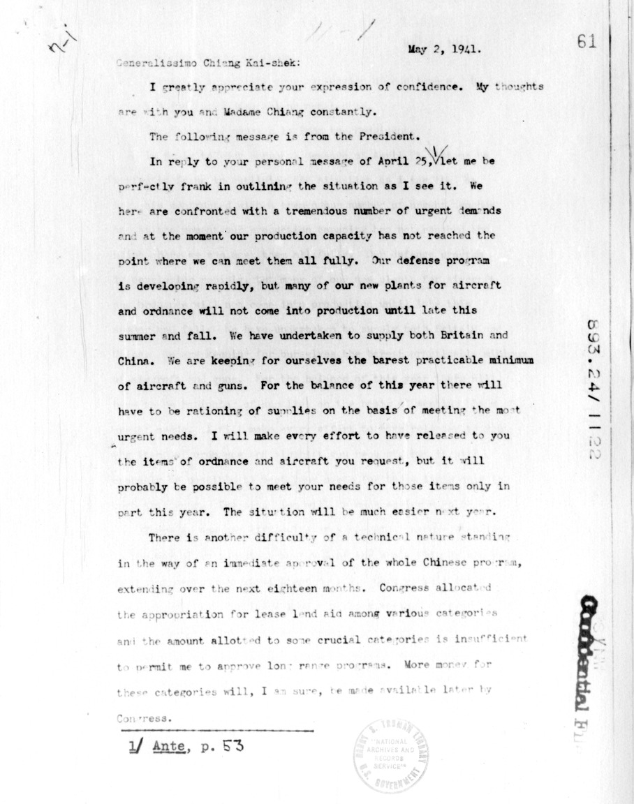Memorandum from Lauchlin Currie to Chiang Kai-shek
