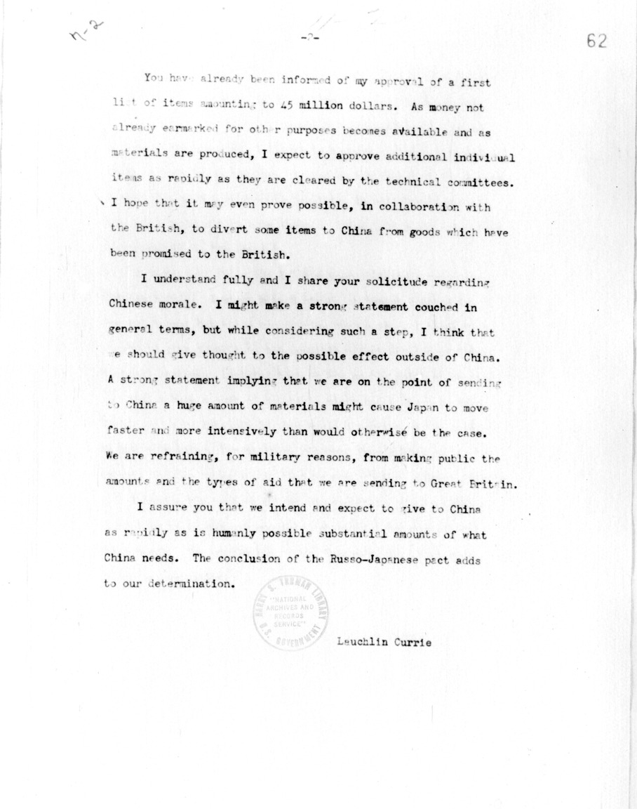 Memorandum from Lauchlin Currie to Chiang Kai-shek