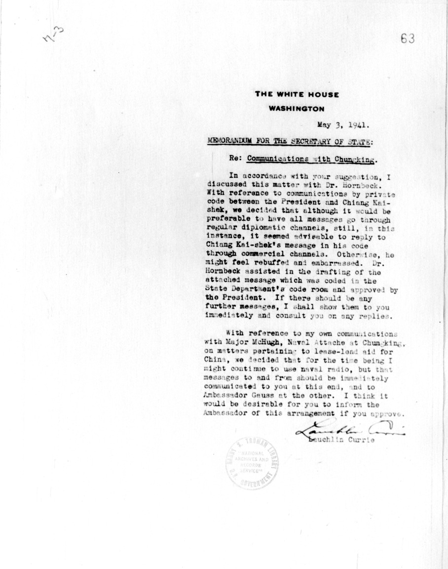 Memorandum from Lauchlin Currie to the Secretary of State Cordell Hull