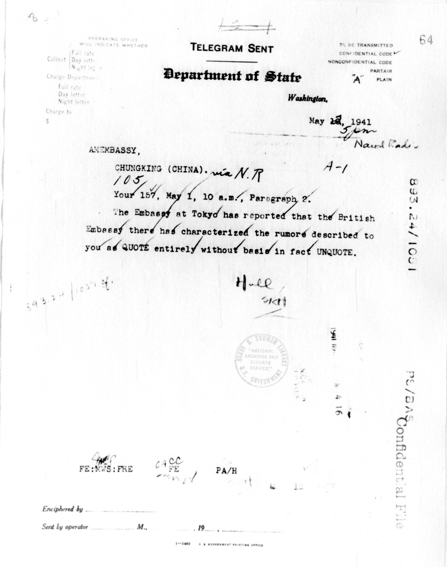 Department of State Telegram from Secretary of State Cordell Hull to American Embassy, Chungking