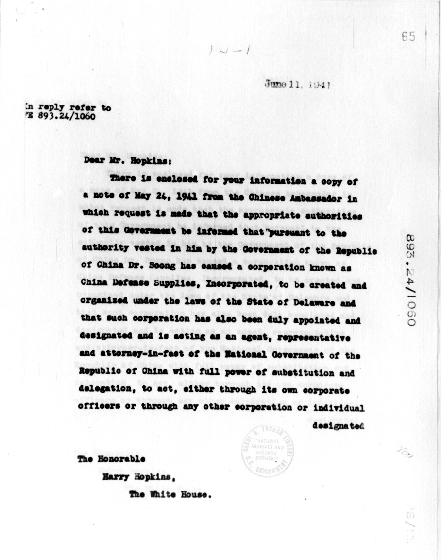 Memorandum from Dean Acheson to Harry Hopkins