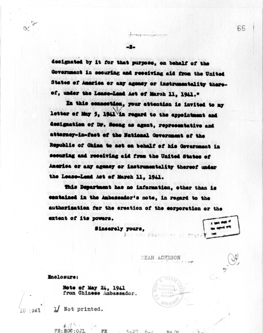 Memorandum from Dean Acheson to Harry Hopkins