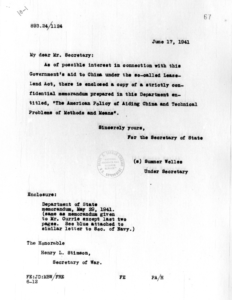 Memorandum from Sumner Welles to the Secretary of War Henry Stimson