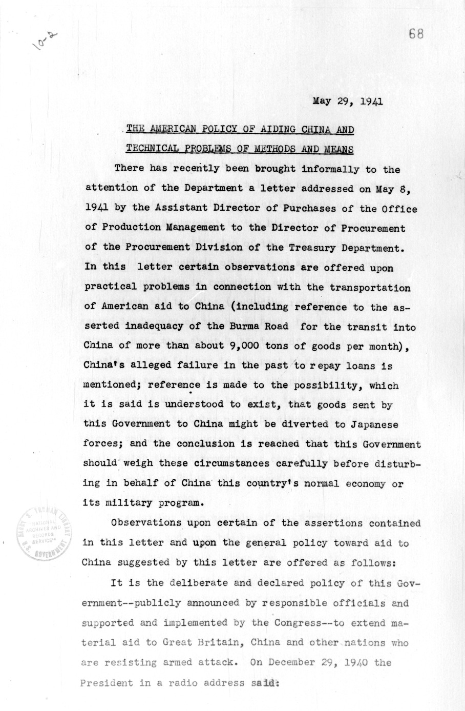 Memorandum, The American Policy of Aiding China and Technical Problems of Methods and Means