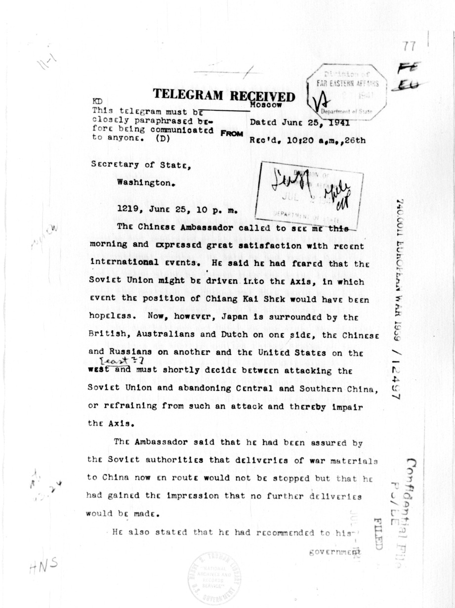 Telegram to Secretary of State Cordell Hull from Ambassador Laurence Steinhardt