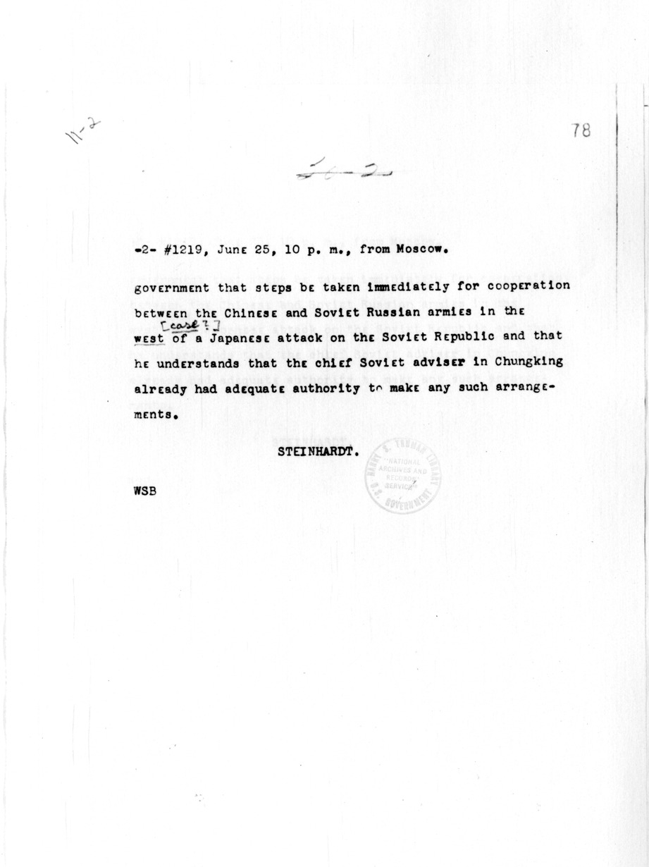 Telegram to Secretary of State Cordell Hull from Ambassador Laurence Steinhardt