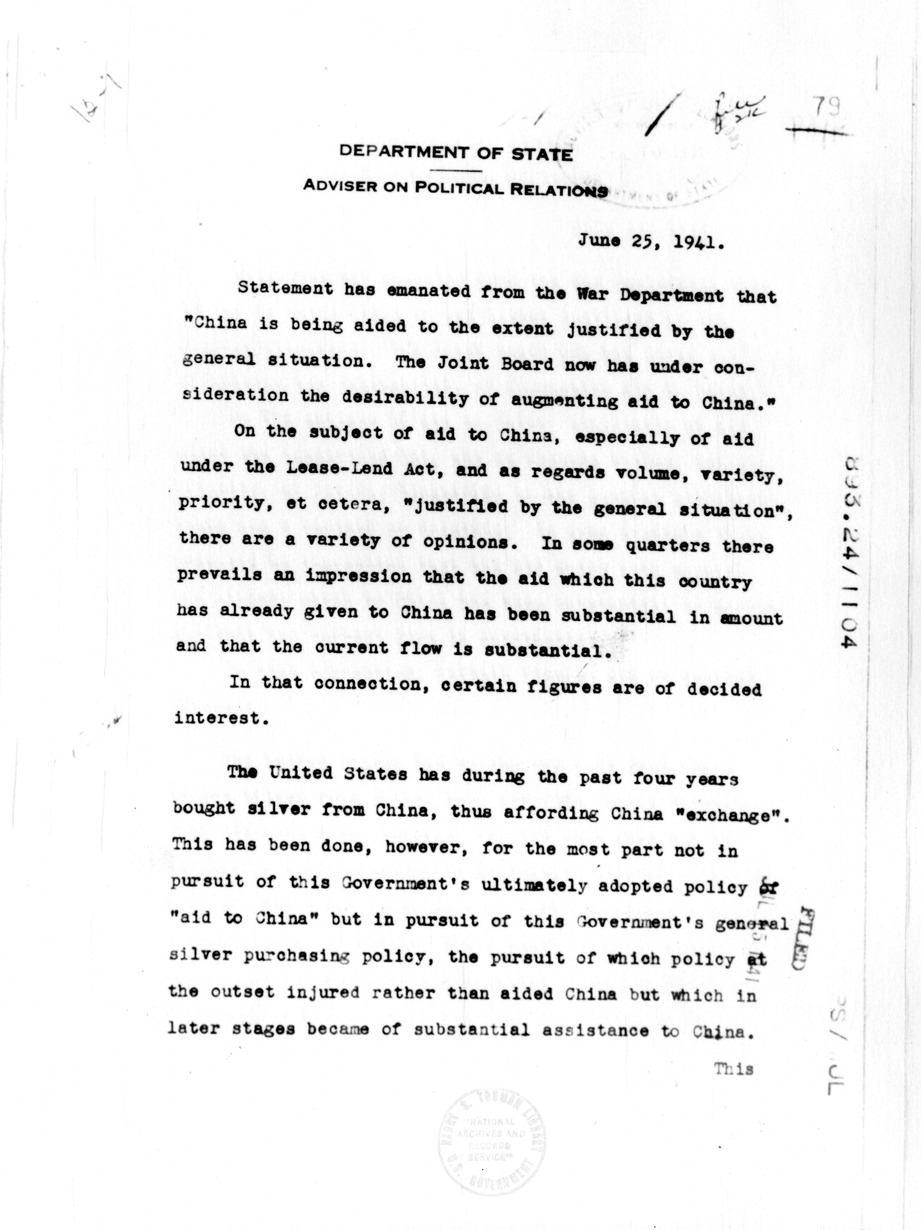 Memorandum from Department of State, Adviser on Political Relations