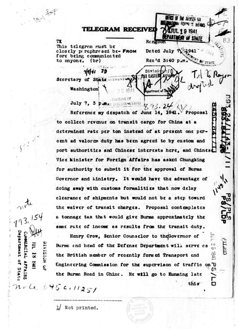 Telegram to Secretary of State Cordell Hull from Brady