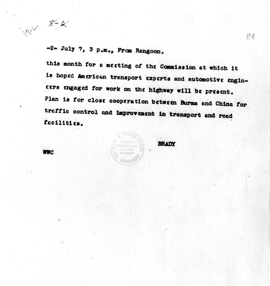 Telegram to Secretary of State Cordell Hull from Brady