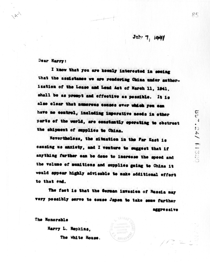 Memorandum from Sumner Welles to Harry Hopkins