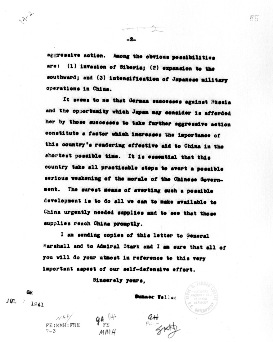 Memorandum from Sumner Welles to Harry Hopkins
