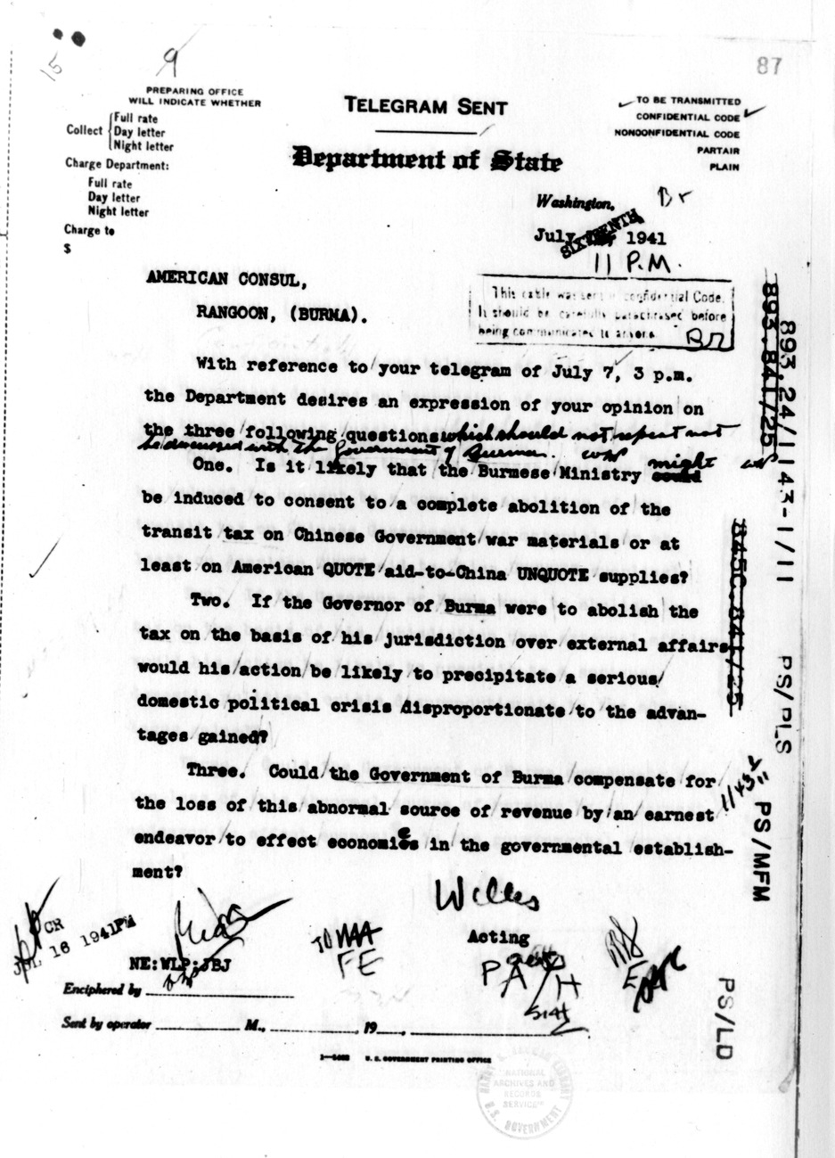 Department of State Telegram from Sumner Welles to American Consul, Rangoon