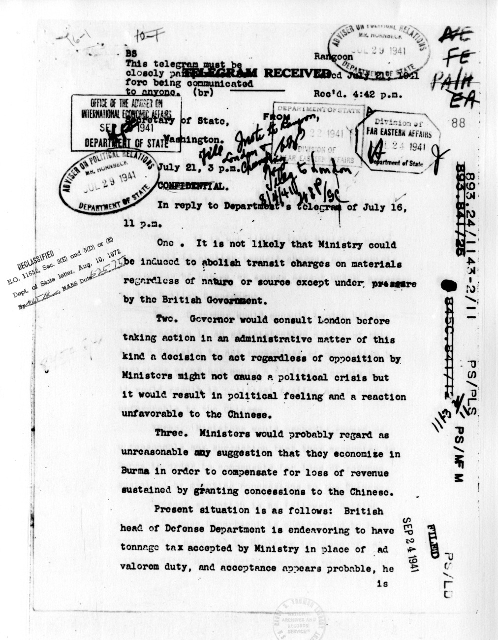 Telegram from Brady to Secretary of State Cordell Hull