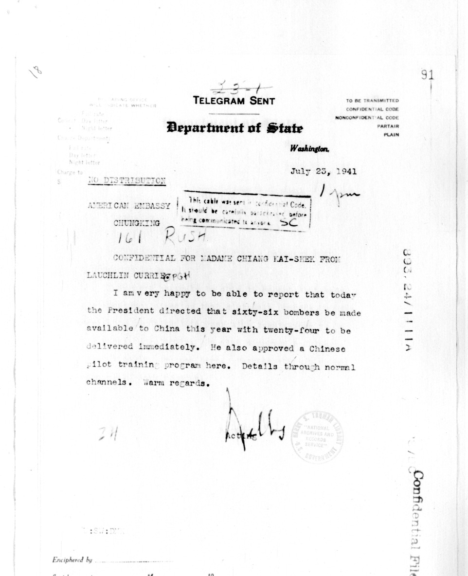 Department of State Telegram from Sumner WElles to American Embassy, Chungking
