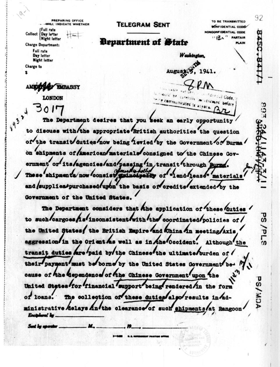 Department of State Telegram from Secretary of State Cordell Hull to the American Embassy, London