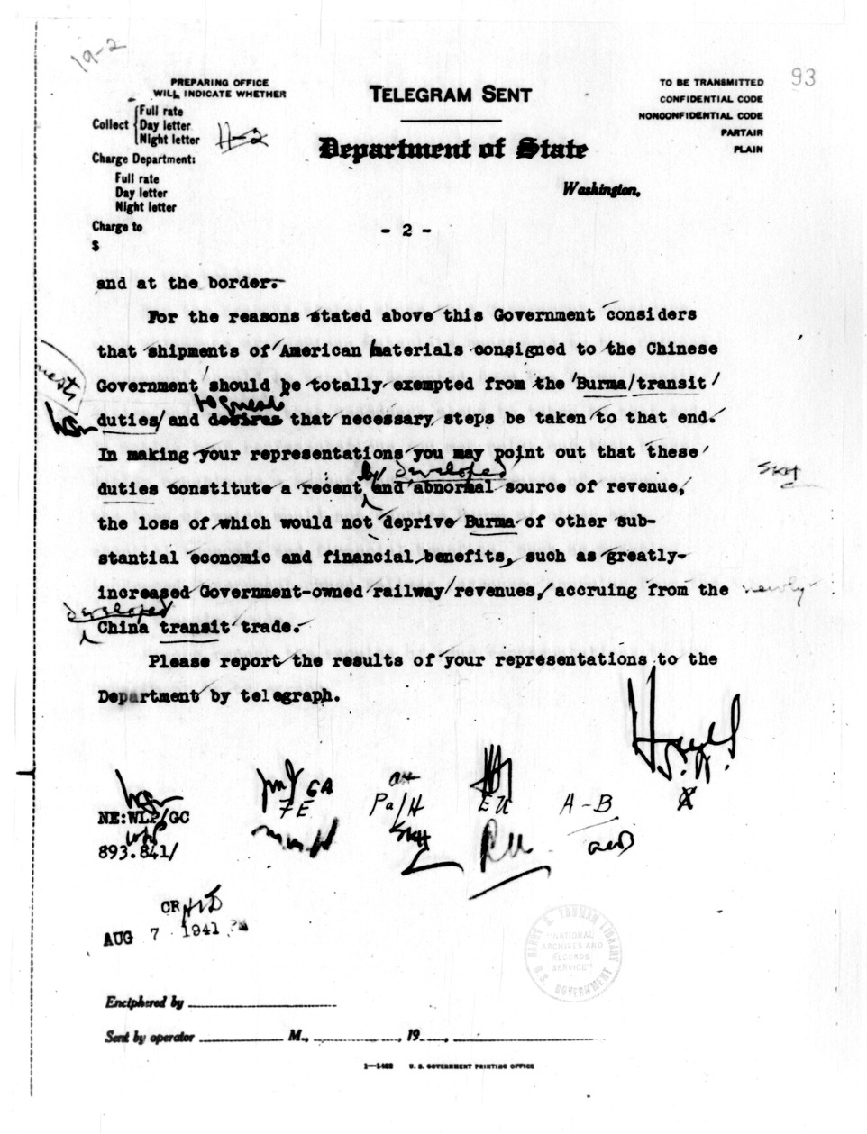 Department of State Telegram from Secretary of State Cordell Hull to the American Embassy, London