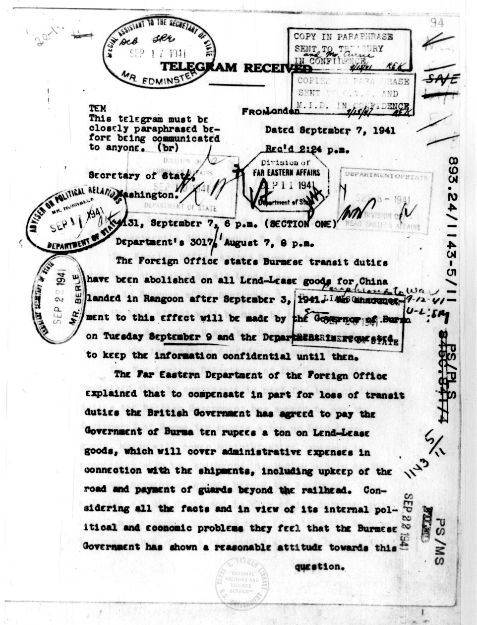 Telegram from Ambassador John Winant to Secretary of State Cordell Hull