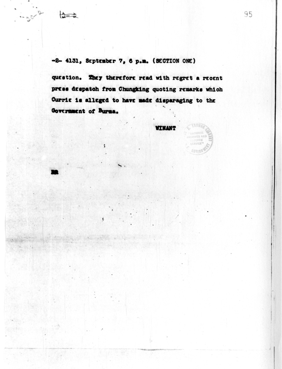 Telegram from Ambassador John Winant to Secretary of State Cordell Hull