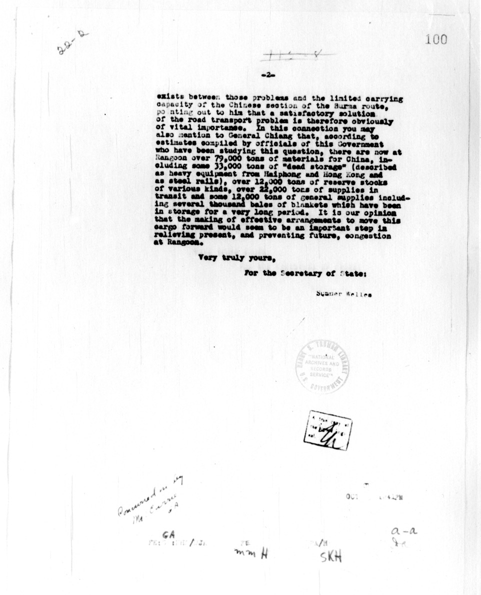 Memorandum from Sumner Welles to Ambassador Clarence Gauss