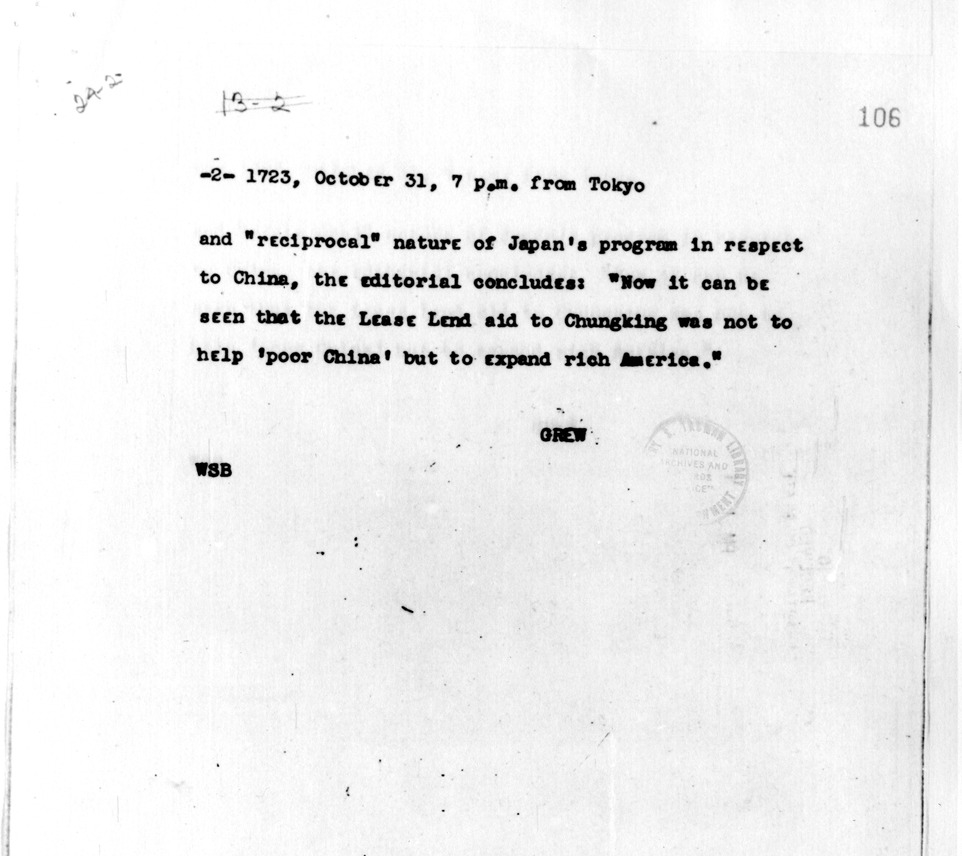 Telegram from Joseph Grew to Secretary of State Cordell Hull