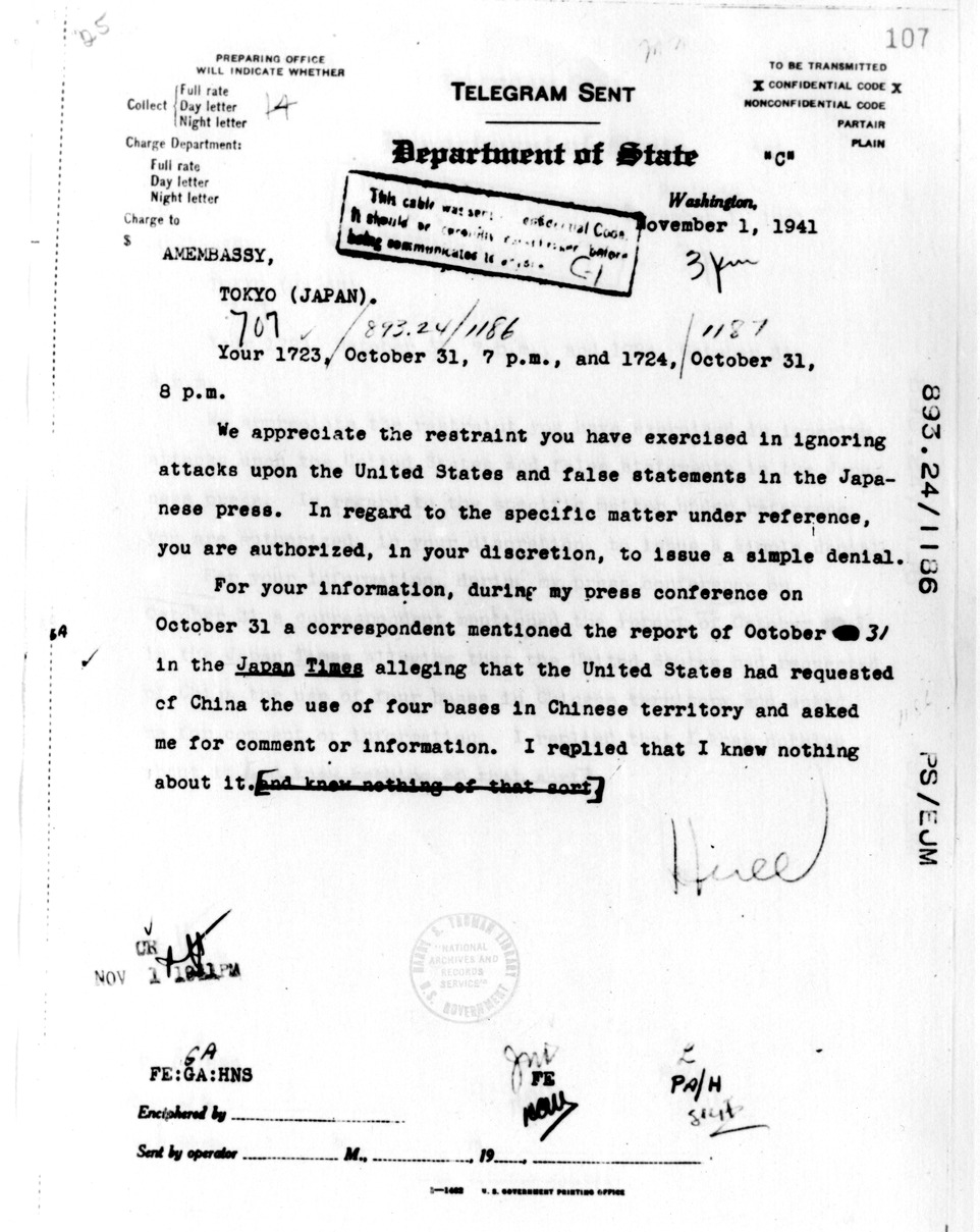 Department of State Telegram from Secretary of State Cordell Hull to the American Embassy, Tokyo