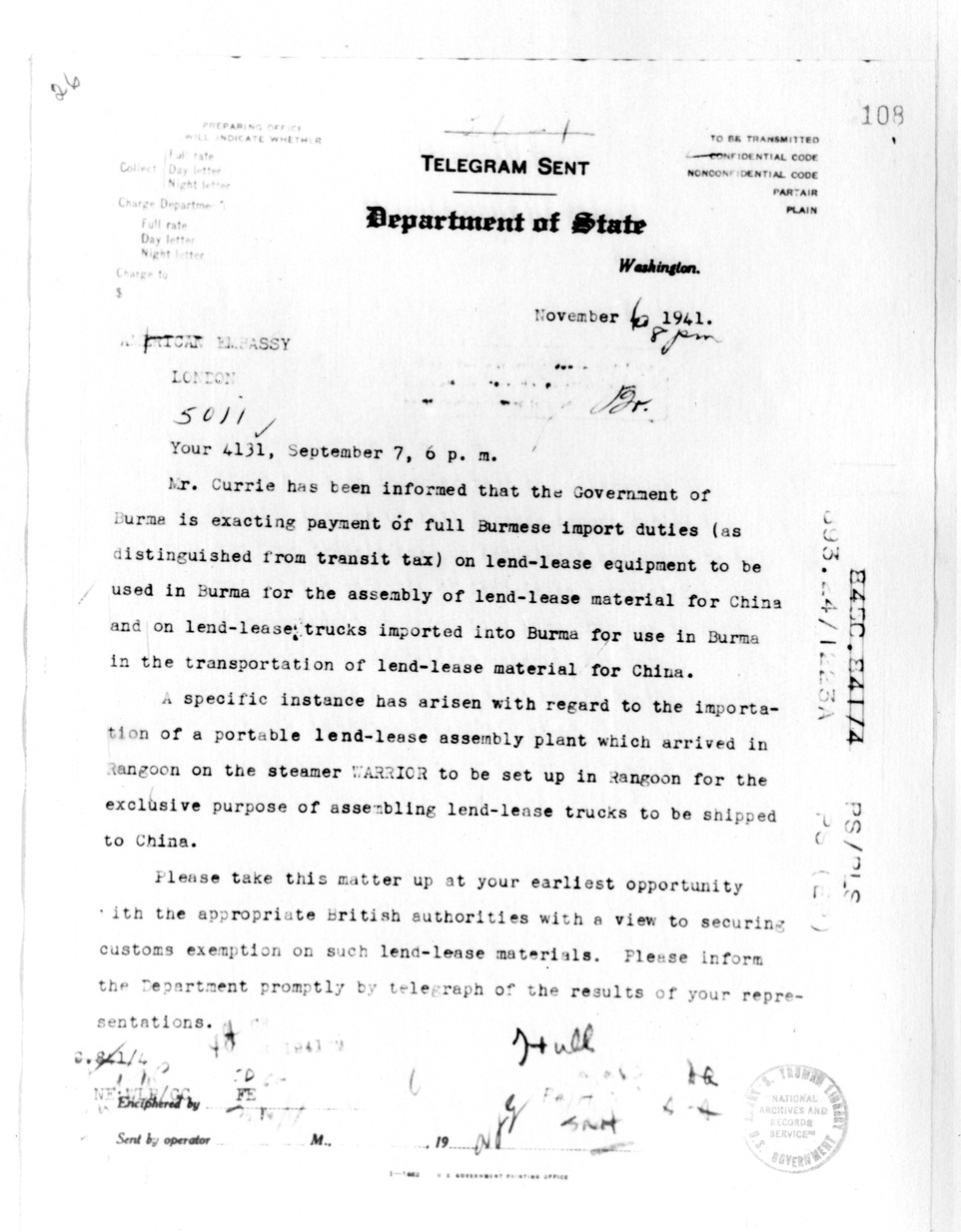 Department of State Telegram from Secretary of State Cordell Hull to American Embassy, London