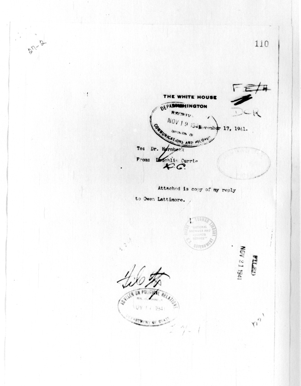 Memorandum from Lauchlin Currie to Dr. Hornberk with Attachment