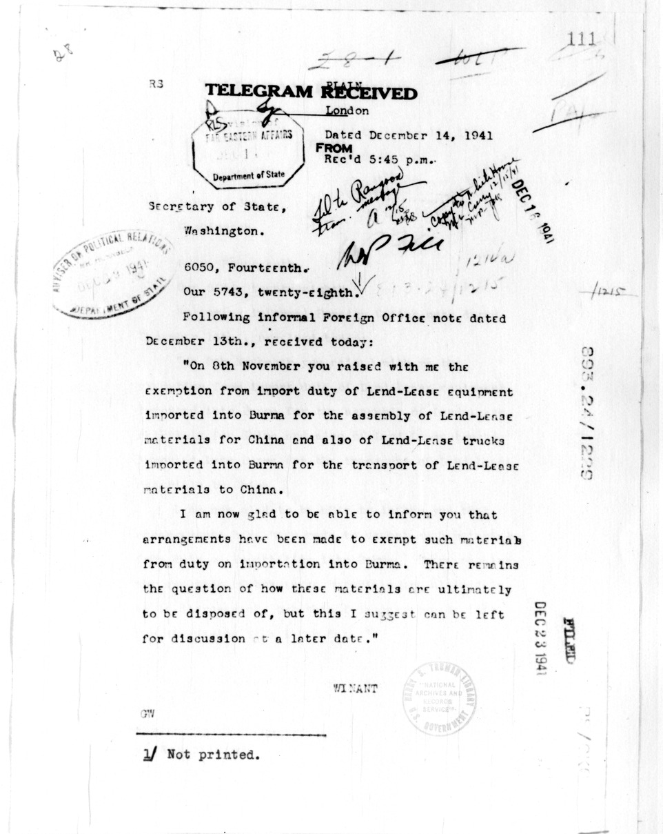 Telegram from Ambassador John Winant to Secretary of State Cordell Hull