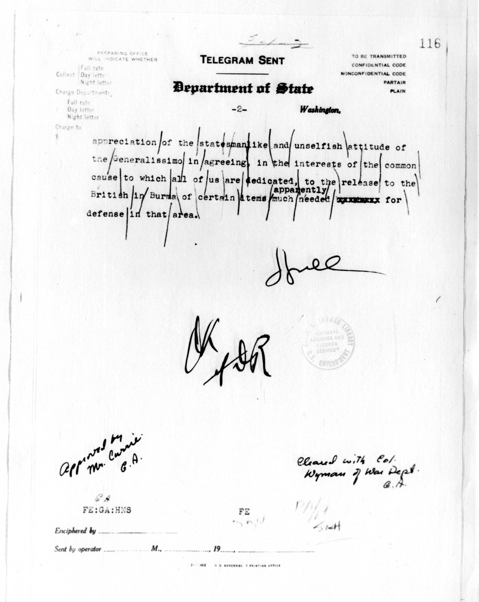 Department of State Telegram from Secretary of State Cordell Hull to American Embassy, Chungking
