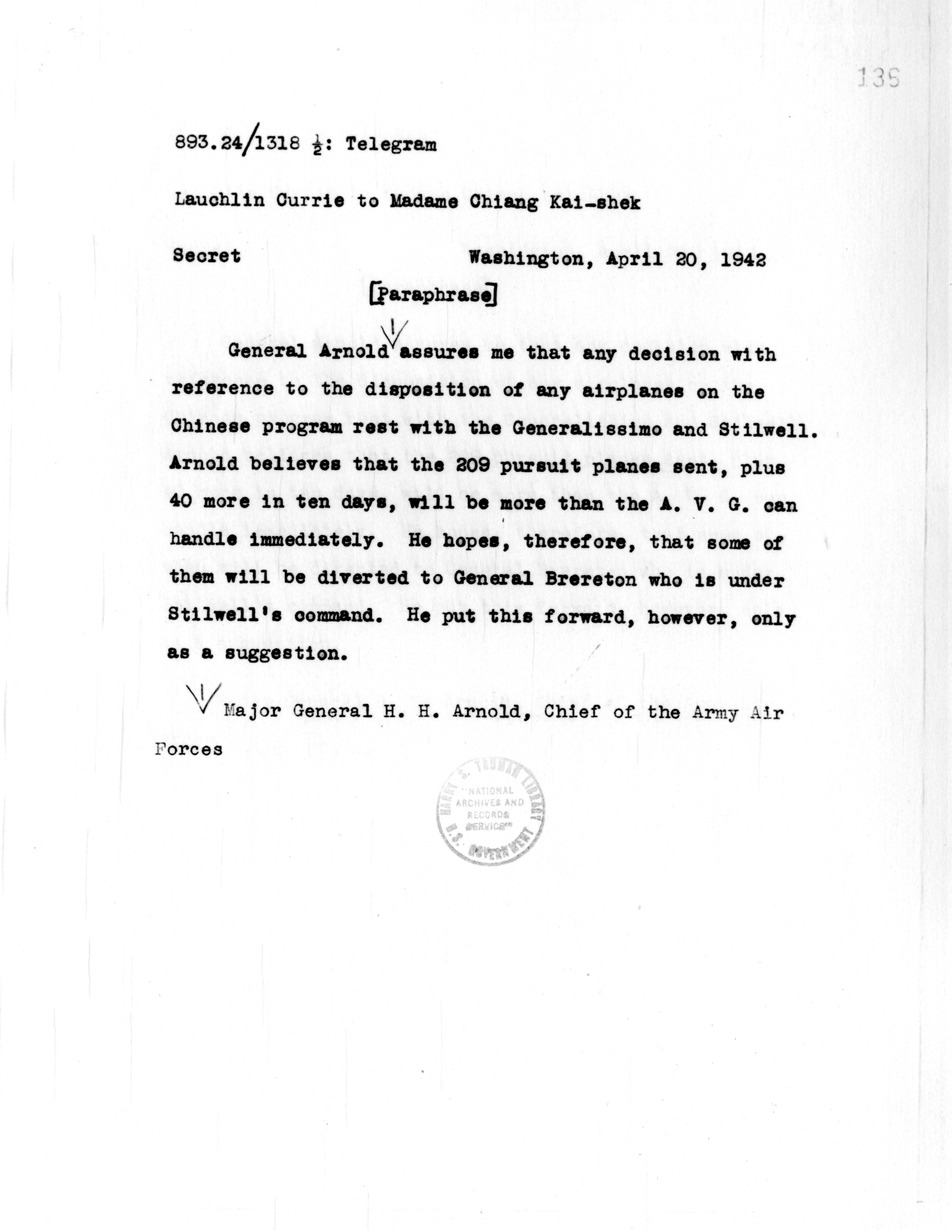 Telegram from Lauchlin Currie to Madame Chiang Kai-shek