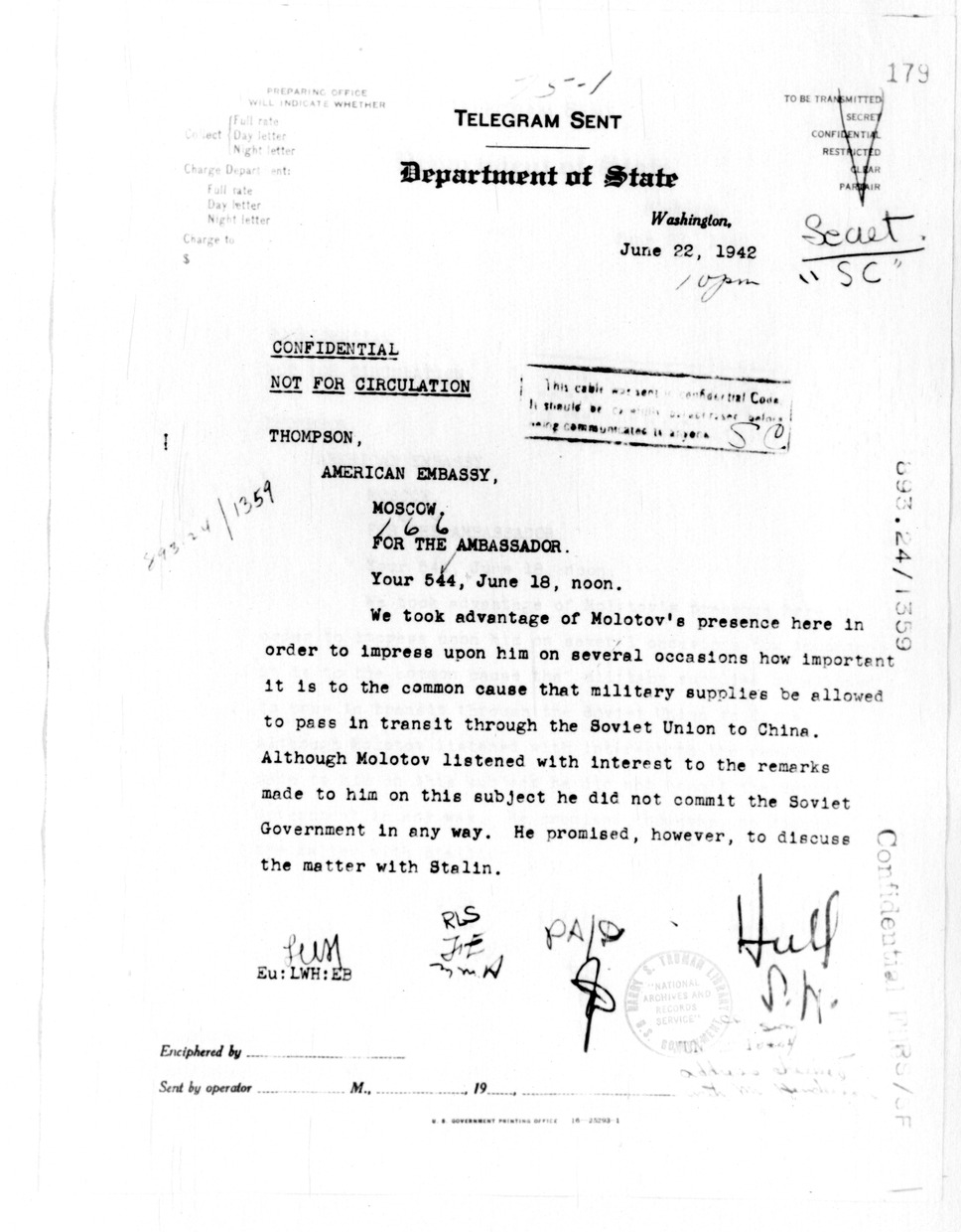 Department of State Telegram from Secretary of State Cordell Hull to American Embassy, Moscow