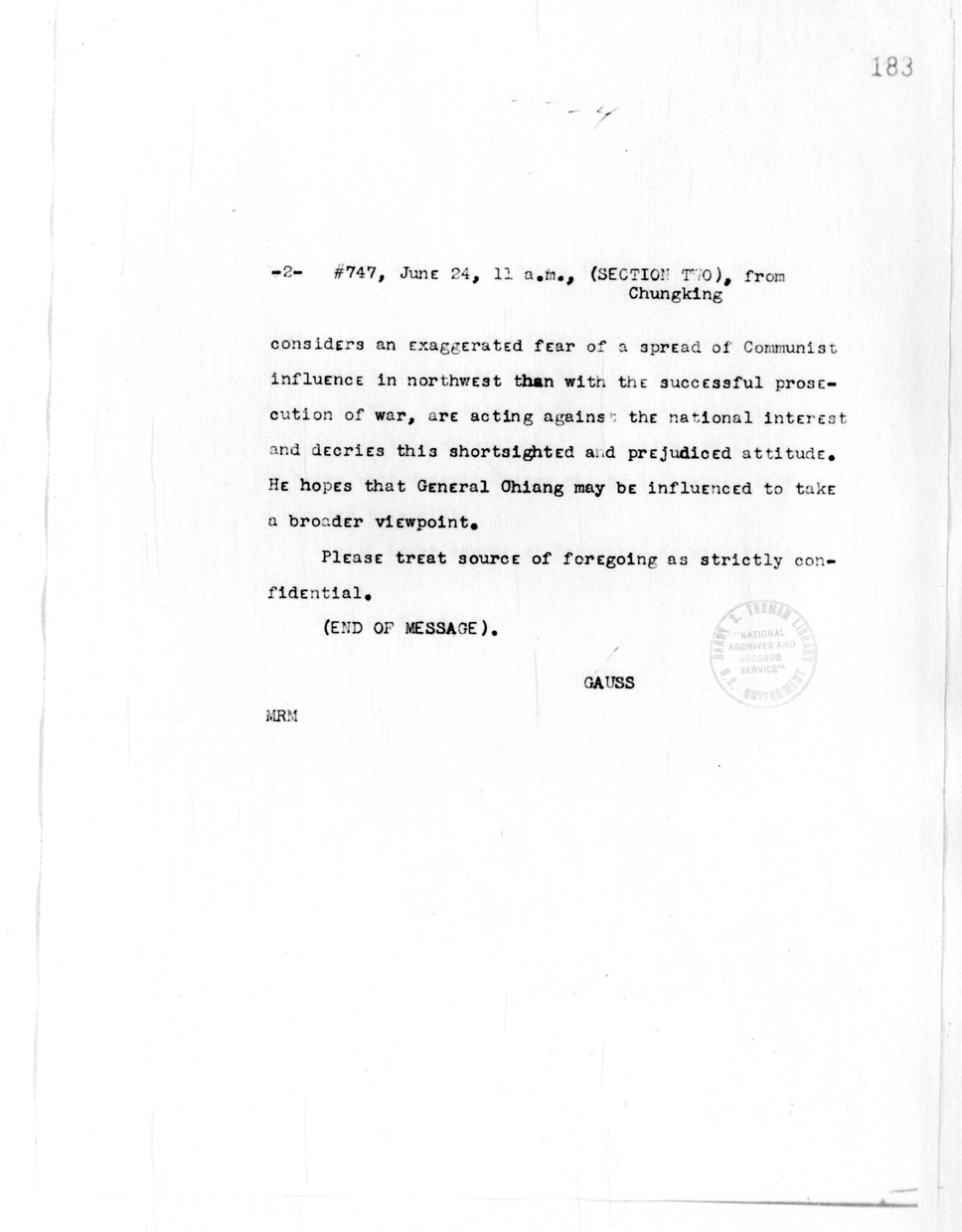 Telegram from Clarence E. Gauss to Secretary of State Cordell Hull