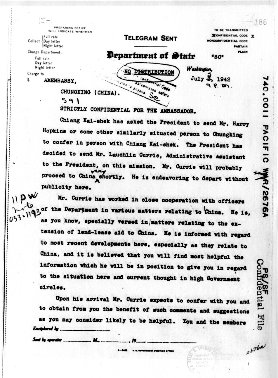 Department of State Telegram from Secretary of State Cordell Hull to American Embassy, Chungking