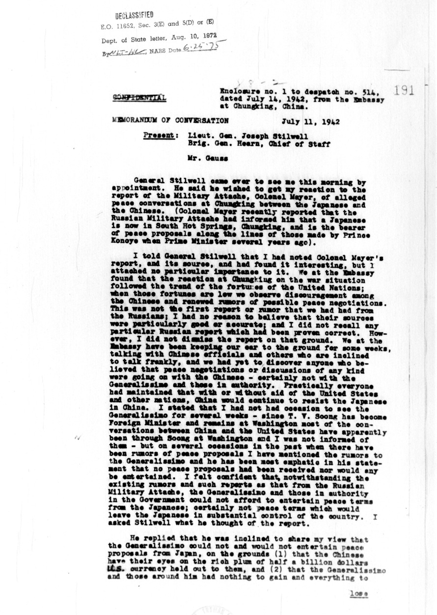 Memorandum of Conversation with General Joseph Stilwell, Ambassador Clarence Gauss, and Brigadier General Thomas G. Hearn