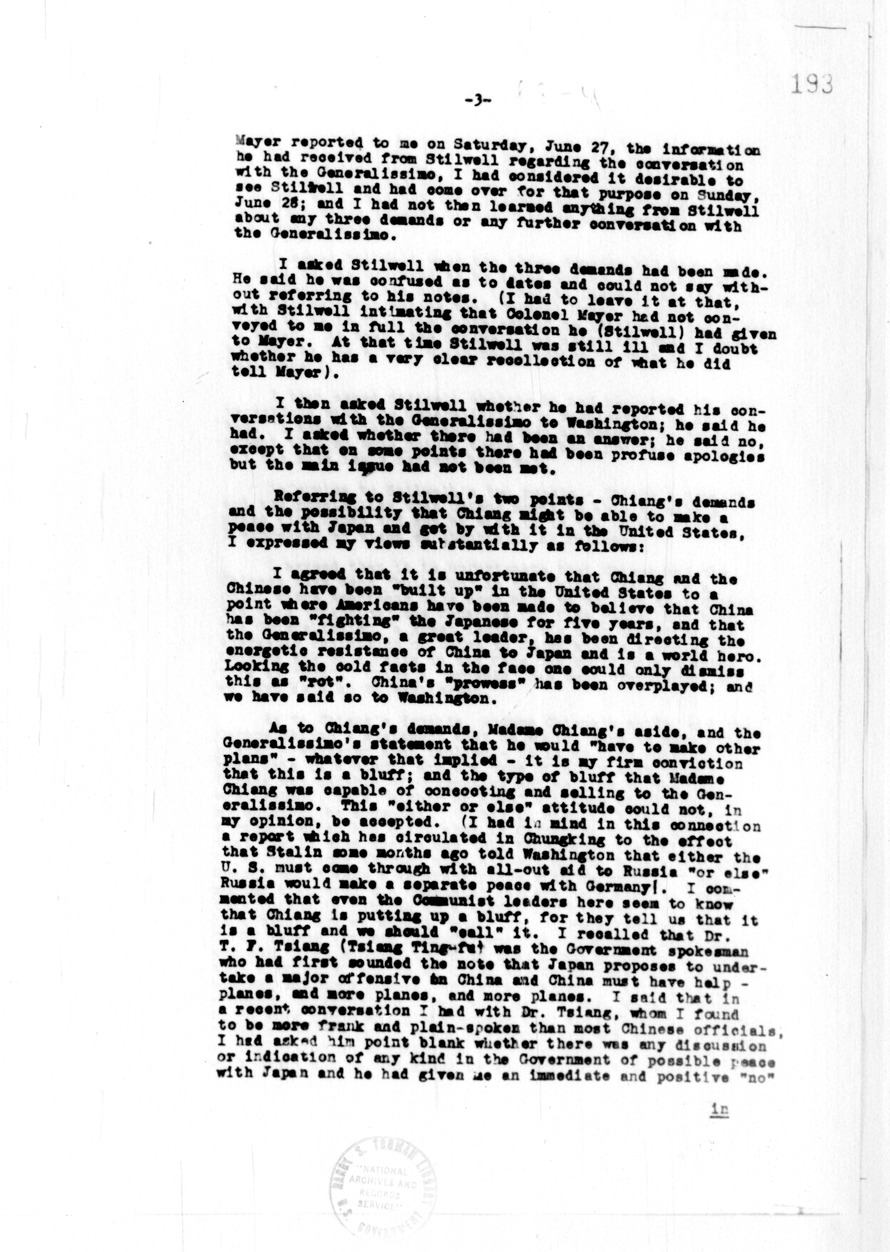Memorandum of Conversation with General Joseph Stilwell, Ambassador Clarence Gauss, and Brigadier General Thomas G. Hearn