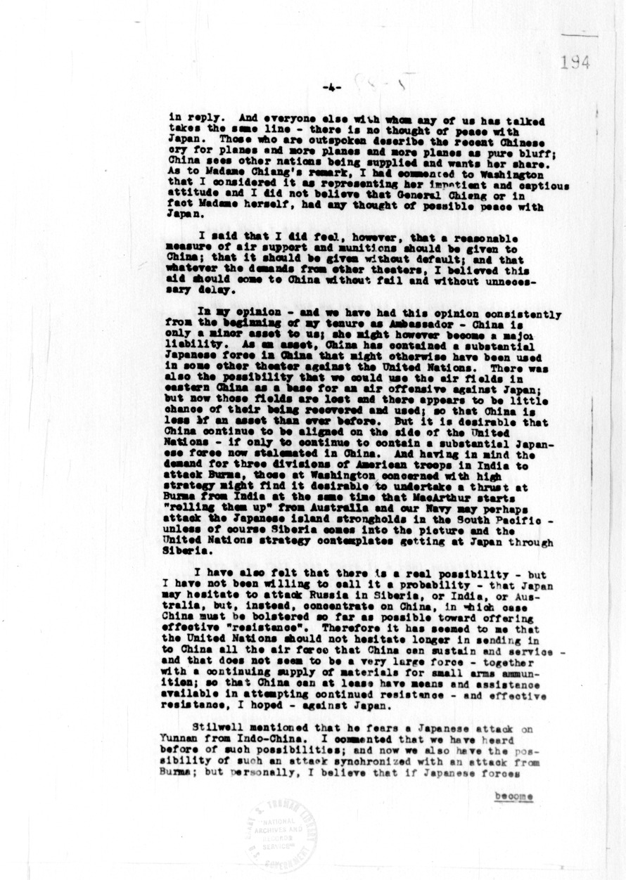 Memorandum of Conversation with General Joseph Stilwell, Ambassador Clarence Gauss, and Brigadier General Thomas G. Hearn