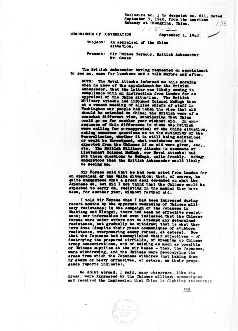 Telegram from Clarence Gauss to Secretary of State Cordell Hull