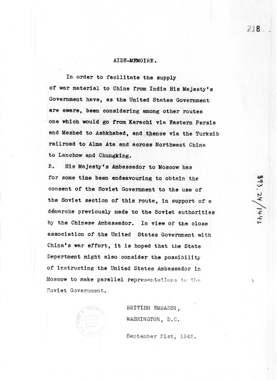 Aide-Memoire from British Embassy