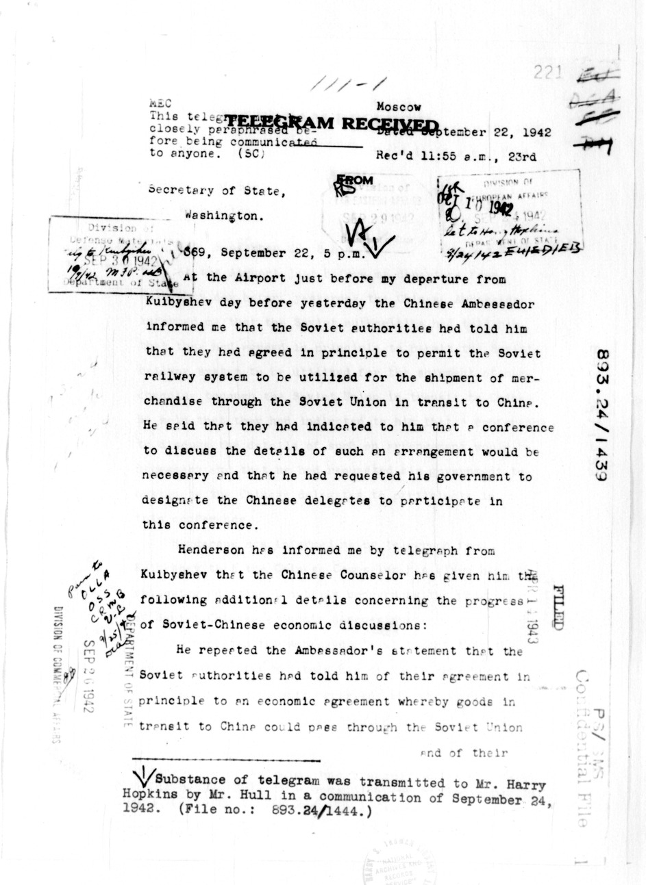Telegram from William H. Standley to Secretary of State Cordell Hull