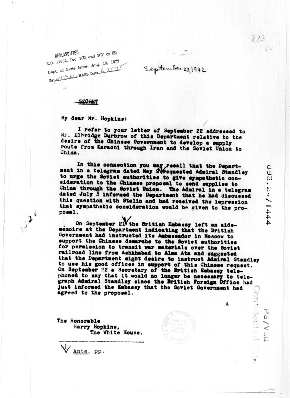 Memorandum from Secretary of State Cordell Hull to Harry Hopkins